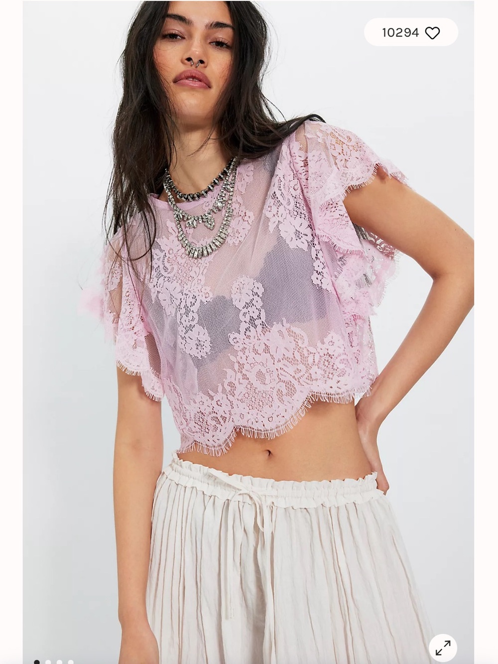 Free People Lunar Ash Eyelash Cropped Sheer Lace Top L